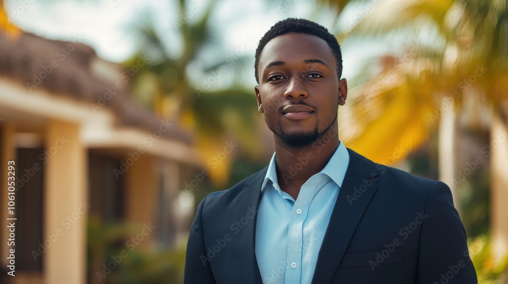 Confident Young Man in Business Attire Against a Tropical Background Confident Young Man in Business Attire Against a Tropical Background