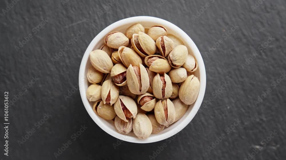 Pistachio rotating in white bowl on black stone slate. Bowl overflowing with perfectly roasted pistachios. Unpeeled nut. Pile of healthy snack for vegan. Top view. Close-up in 4K Pistachio rotating in white bowl on black stone slate. Bowl overflowing with perfectly roasted pistachios. Unpeeled nut. Pile of healthy snack for vegan. Top view. Close-up in 4K