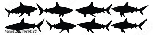 Shark silhouettes set, ocean pack of vector silhouette design, isolated background
