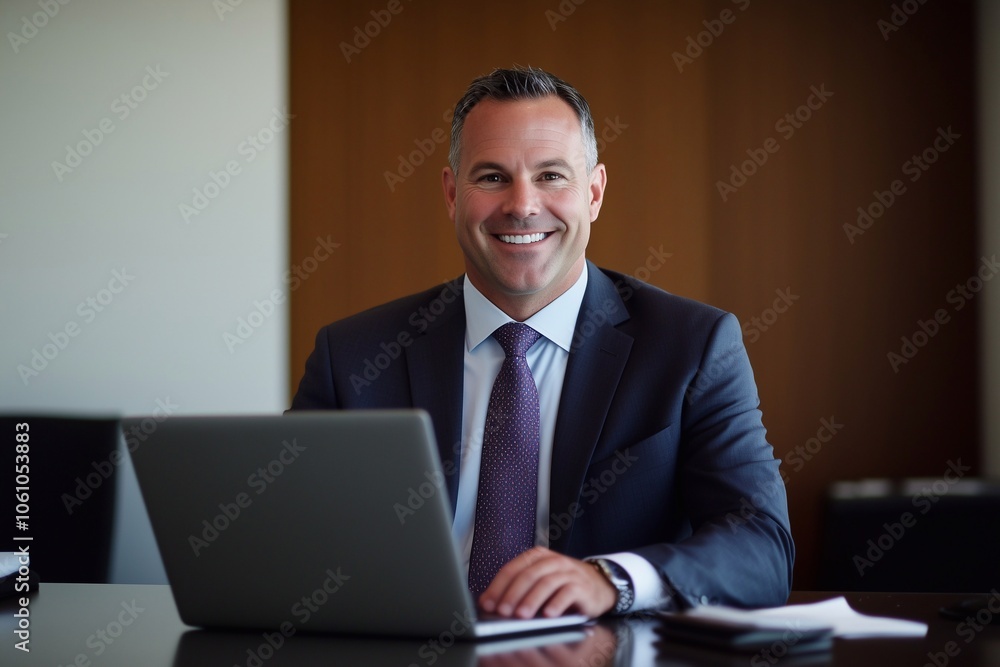 A portrait of happy smiling middle aged professional business man, mature male manager executive leader looking at camera at workplace, working on laptop computer in office sitting at desk. A portrait of happy smiling middle aged professional business man, mature male manager executive leader looking at camera at workplace, working on laptop computer in office sitting at desk.