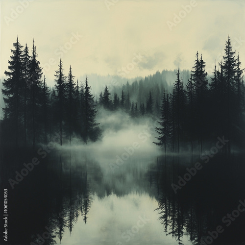 serene and misty forest landscape with reflection of dense trees in a still lake under a foggy sky