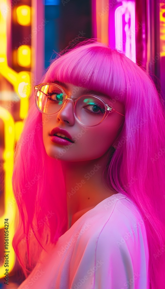 A woman with glasses and a pink wig in front of neon lights A woman with glasses and a pink wig in front of neon lights