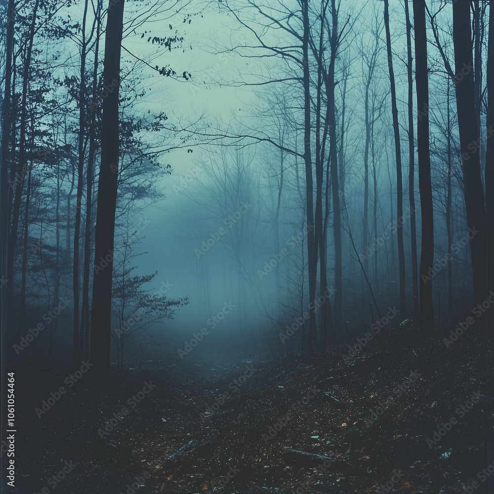 Fototapeta premium haunting forest pathway shrouded in fog with ghostly trees fading into the mist creating a spooky atmosphere