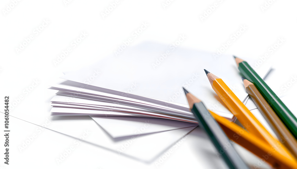 Pen, pencils and paper sheets isolated with white highlights, png Pen, pencils and paper sheets isolated with white highlights, png