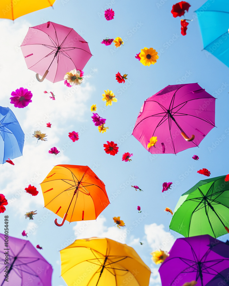 Obraz premium Colorful umbrellas float against a blue sky with falling flowers