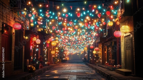 A picturesque street adorned with colorful lights and decorations, reflecting the joy of Diwali.