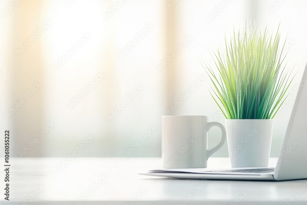 A Minimalist Office Desk With a Modern Laptop, Coffee Mug, and Plant in Natural Light A Minimalist Office Desk With a Modern Laptop, Coffee Mug, and Plant in Natural Light