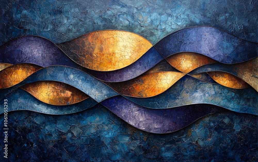 Abstract waves in blue and gold tones create a dynamic, textured visual experience. Abstract waves in blue and gold tones create a dynamic, textured visual experience.