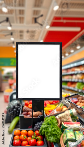 Blank price board with fresh food in supermarket abstract blurred background isolated with white highlights, png