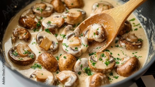 Delicious mushrooms simmering in a creamy sauce on the stovetop with a wooden spoon stirring in a cozy kitchen environment photo