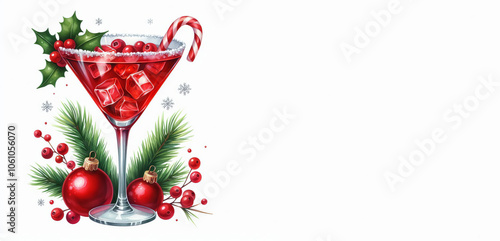 Cocktail with cranberries and mistletoe on white background