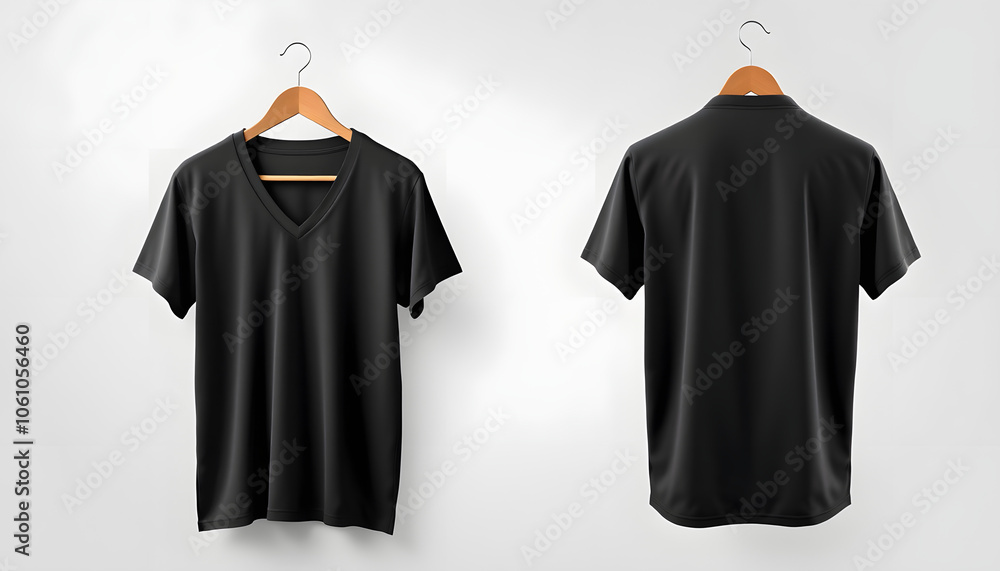 Black V-Neck Shirt Mock-up on wooden hanger, front and rear side view. 3D Rendering isolated with white highlights, png Black V-Neck Shirt Mock-up on wooden hanger, front and rear side view. 3D Rendering isolated with white highlights, png