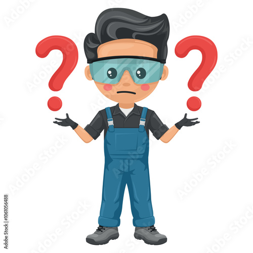 Maintenance technician with question sign for FAQ concept. Handyman with personal protective equipment focused on maintenance tasks, repairs in industrial and domestic environments