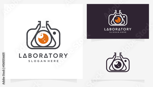 Combined vector of camera with lab glass icons symbols. Abstract outline ideas science and photography logo design graphic.