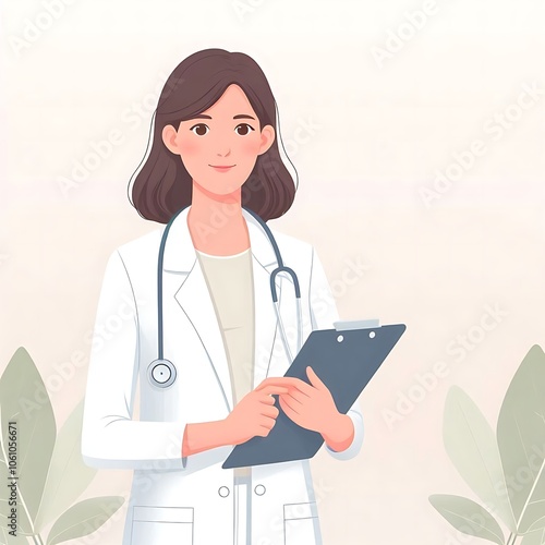 A female doctor is confidently holding a clipboard and a pen in her hand