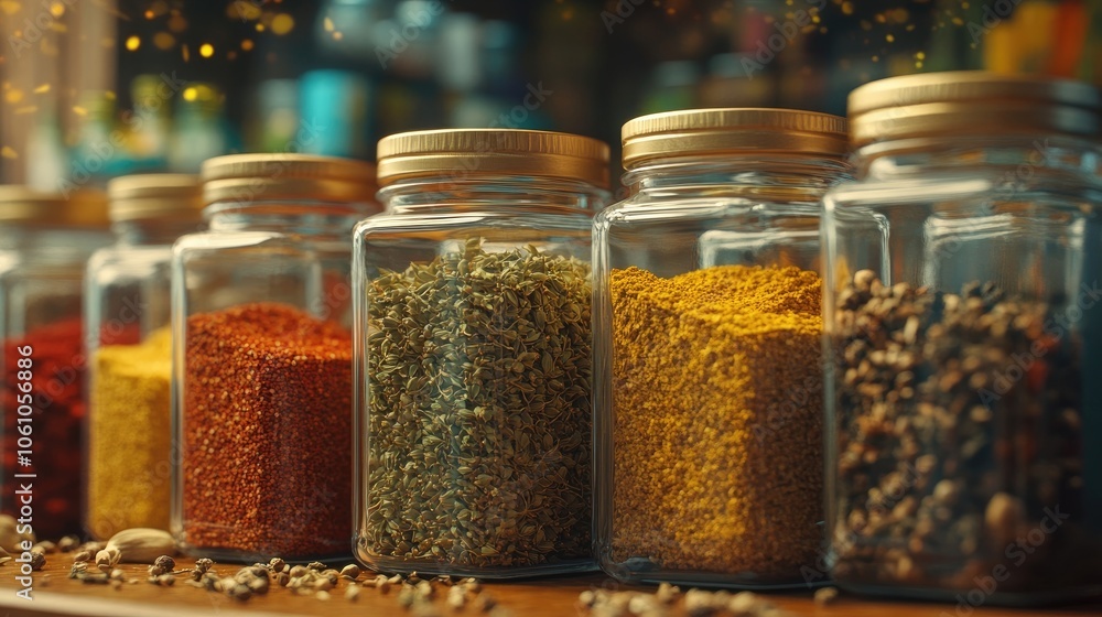 A close-up of a row of glass jars filled with various spices, sitting on a wooden shelf. A close-up of a row of glass jars filled with various spices, sitting on a wooden shelf.