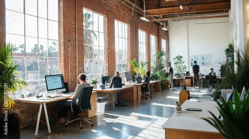 Coworking Space in a Brick Building with Natural Light and Greenery