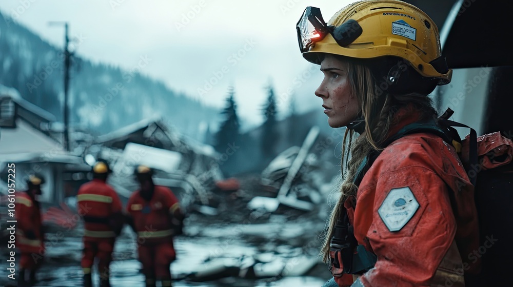 A female first responder in a yellow hard hat and red jacket surveys the damage after a disaster. A female first responder in a yellow hard hat and red jacket surveys the damage after a disaster.