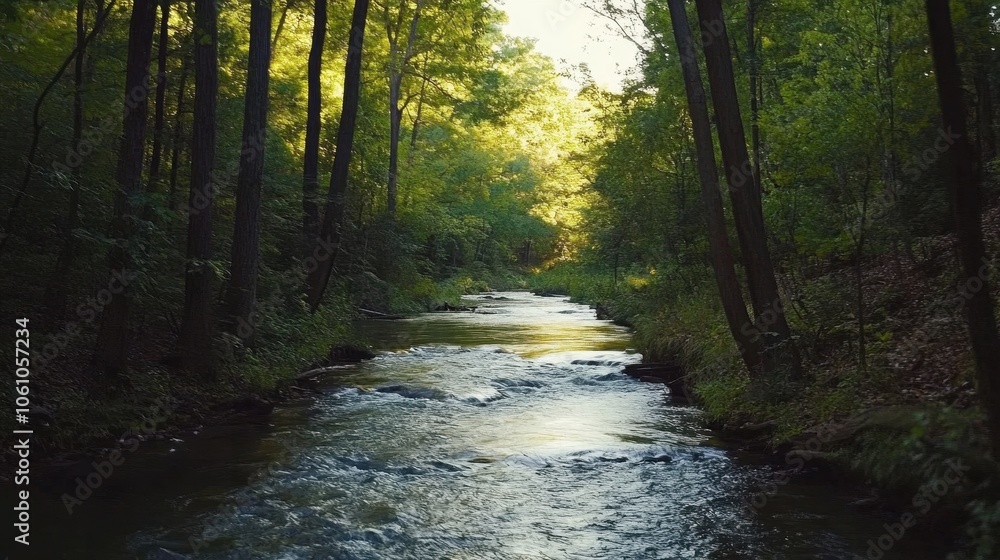 Obraz premium Serene Forest Stream Flowing Through Lush Greenery