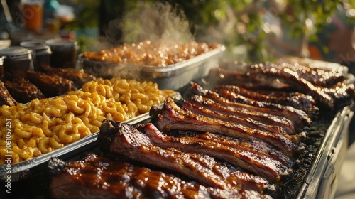 Closeup of ribs and mac & cheese on a grill.