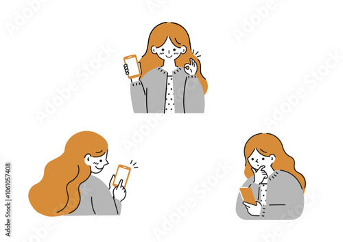 スマートフォンを操作するウェーブヘアの女性