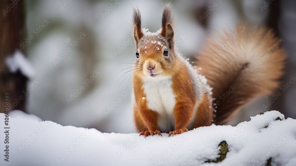A cute red squirrel stands on a snow-covered branch, surrounded by a winter wonderland. Its fluffy tail and curious expression capture the essence of wildlife in cold seasons. A cute red squirrel stands on a snow-covered branch, surrounded by a winter wonderland. Its fluffy tail and curious expression capture the essence of wildlife in cold seasons.