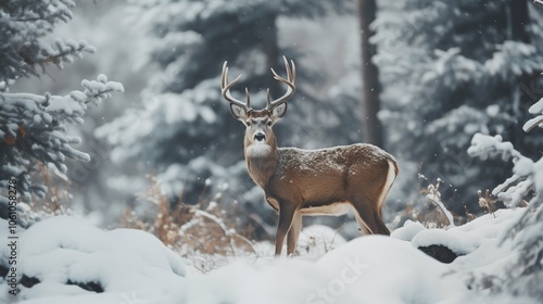 A majestic deer standing in a snowy forest, surrounded by trees and a serene winter landscape. Perfect for nature lovers and wildlife enthusiasts.