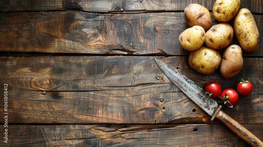 Freshly harvested young potatoes on wooden background with knife. Vegan organic vegetables with text space. Freshly harvested young potatoes on wooden background with knife. Vegan organic vegetables with text space.