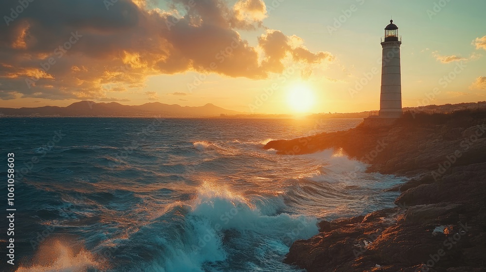 A lone lighthouse stands tall against a dramatic sunset, with waves crashing against the rocky shore. A lone lighthouse stands tall against a dramatic sunset, with waves crashing against the rocky shore.