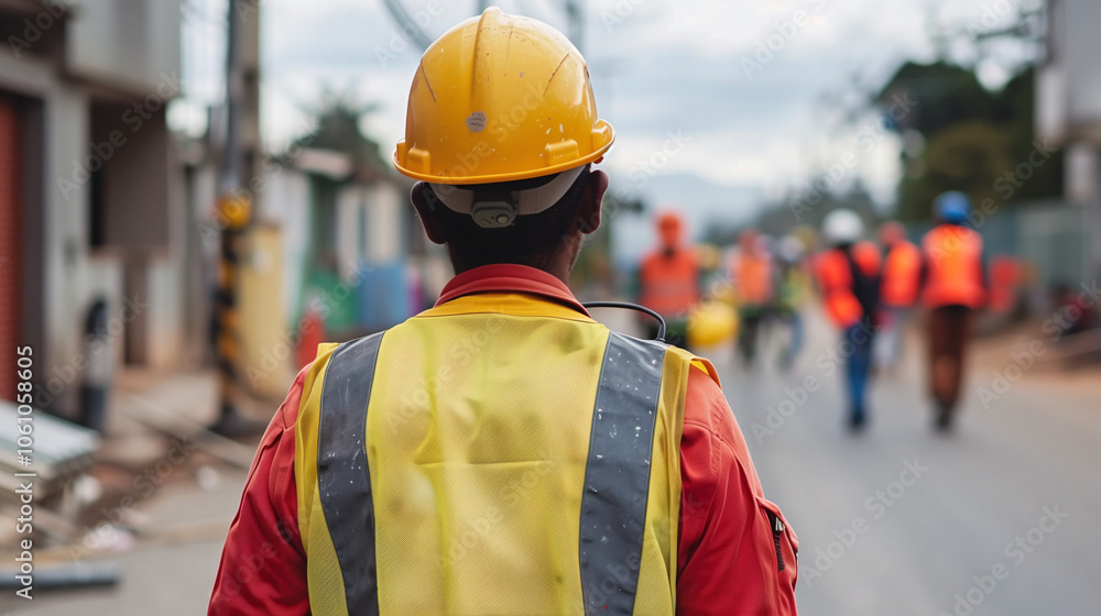 Trabajador de la construcción sonriente con casco de seguridad en sitio industrial Trabajador de la construcción sonriente con casco de seguridad en sitio industrial