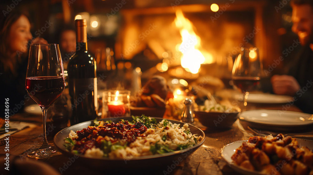 Family Gathering by the Fireplace with Holiday Dinner Family Gathering by the Fireplace with Holiday Dinner