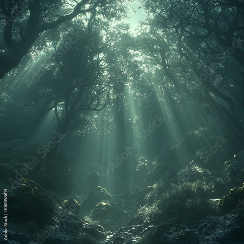 radiant beams of light pierce through the dense foliage illuminating the moss-covered forest floor