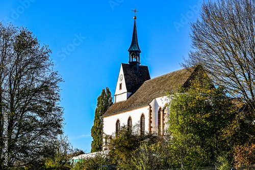 St. Chrischona, Kirche, Bettingen, Riehen, Basel, Dorf, Wanderweg, Spazierweg, Landwirtschaft, Obstbäume, Herbst, Herbstspaziergang, Waldweg, Herbstlaub, Schweiz photo