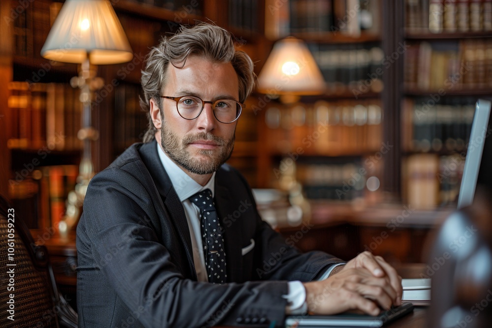 Dedicated male lawyer conducting online judicial review on justice, fairness, and legal compliance Dedicated male lawyer conducting online judicial review on justice, fairness, and legal compliance