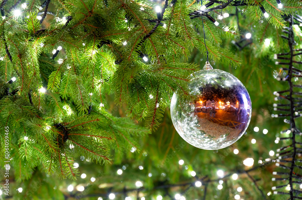 A beautiful glass ornament hanging on a Christmas tree, reflecting the lively atmosphere of the square in Pilsen, capturing the essence of the holiday spirit