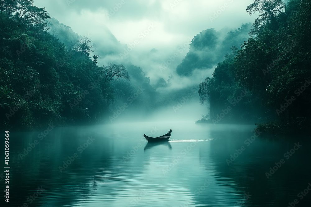 Fototapeta premium Solitary boat on a misty river flanked by dense jungle, shrouded in early morning fog