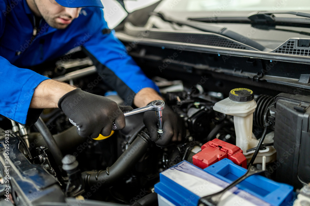 Mechanic performs maintenance on a car engine in a workshop during daylight hours Mechanic performs maintenance on a car engine in a workshop during daylight hours