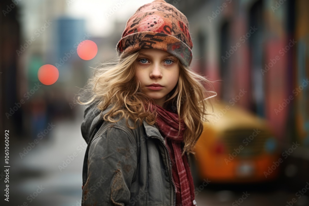 Portrait of a beautiful little girl in a hat on the street Portrait of a beautiful little girl in a hat on the street
