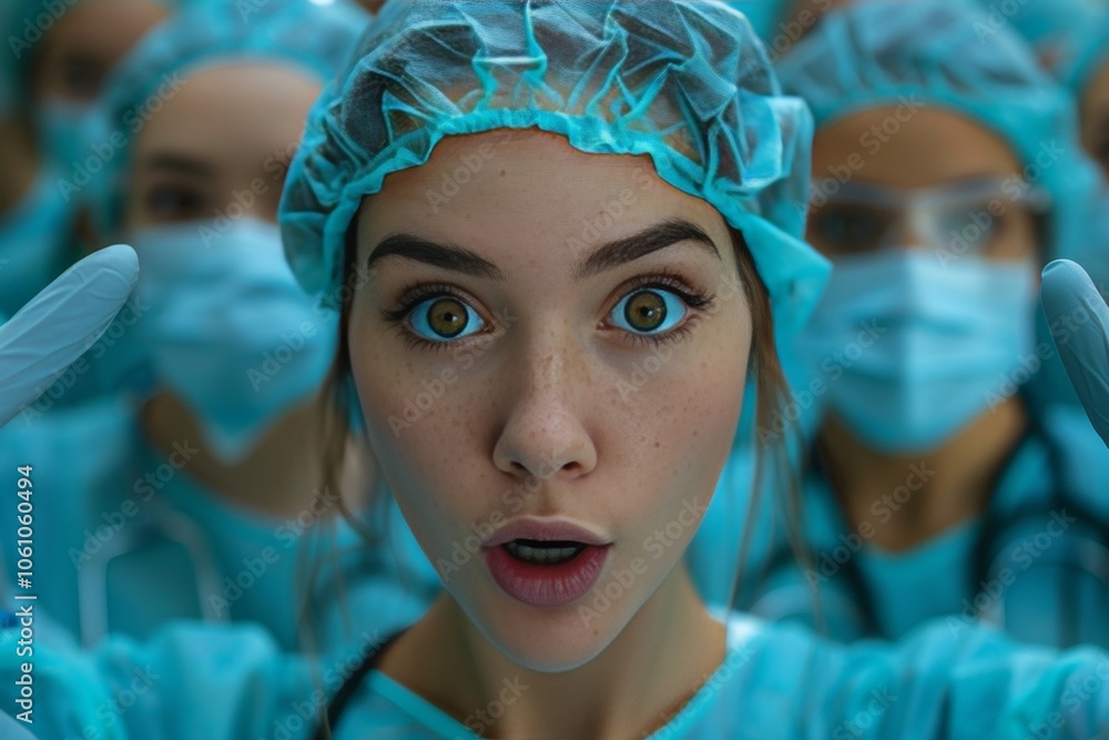 Surprised female surgeon in white coat pointing forward against isolated background Surprised female surgeon in white coat pointing forward against isolated background