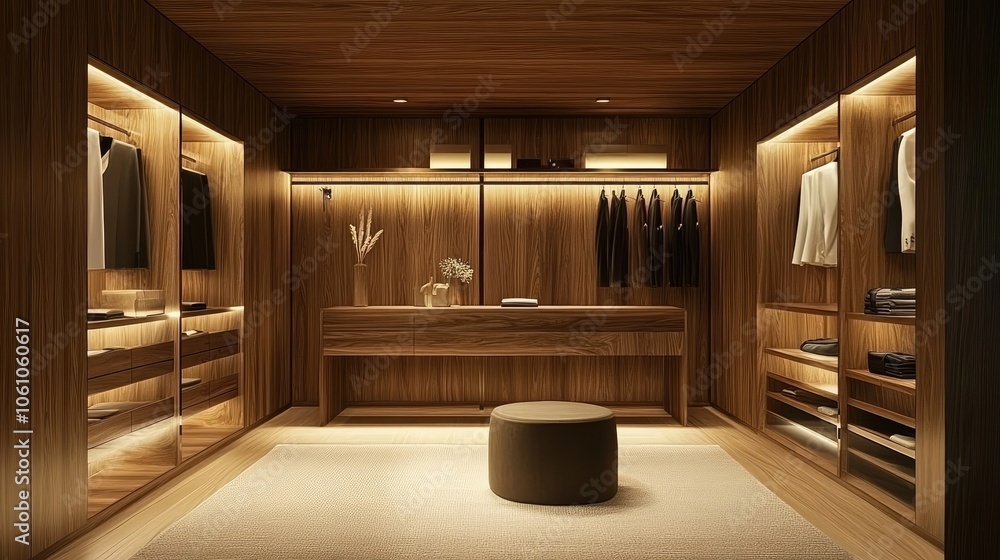 A modern walk-in closet with warm wood tones and integrated lighting. The closet is filled with organized shelves and hanging space for clothes. A modern walk-in closet with warm wood tones and integrated lighting. The closet is filled with organized shelves and hanging space for clothes.