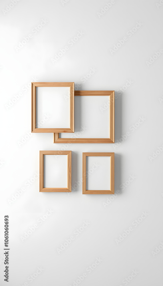 Three frames hanging on a wall mockup 3d rendering isolated with white highlights, png Three frames hanging on a wall mockup 3d rendering isolated with white highlights, png