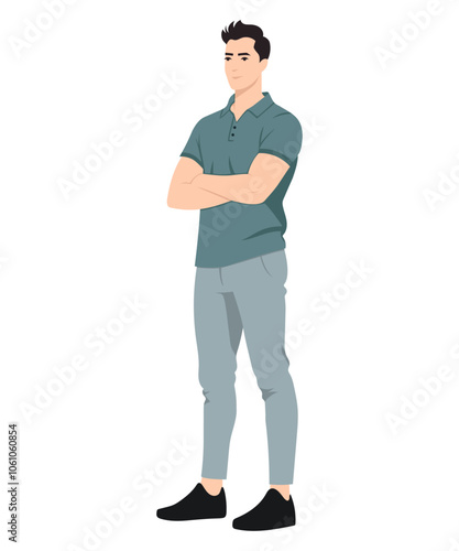 Vector illustration. Man in light blue polo shirt with short sleeves, light trousers. Standing with arms crossed.