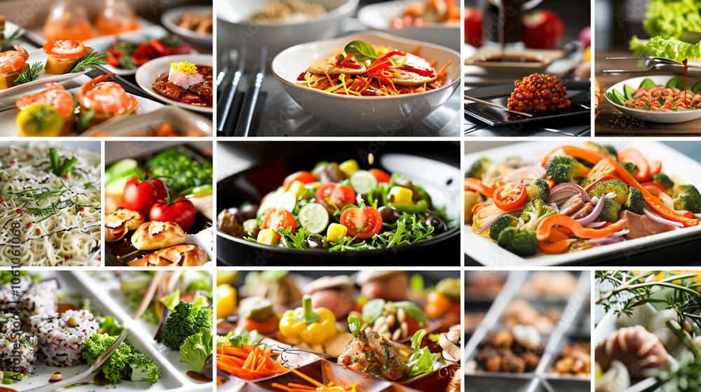 A variety of dishes are displayed in a buffet setting A variety of dishes are displayed in a buffet setting