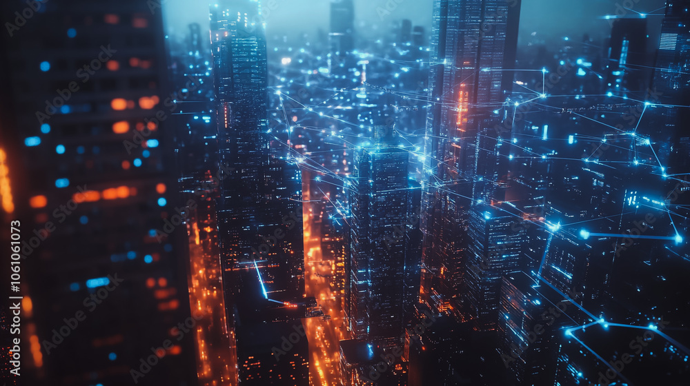 Smart digital city with connection cyber security network reciprocity over the cityscape . future smart wireless digital city and social media networking systems that connects people within the city Smart digital city with connection cyber security network reciprocity over the cityscape . future smart wireless digital city and social media networking systems that connects people within the city