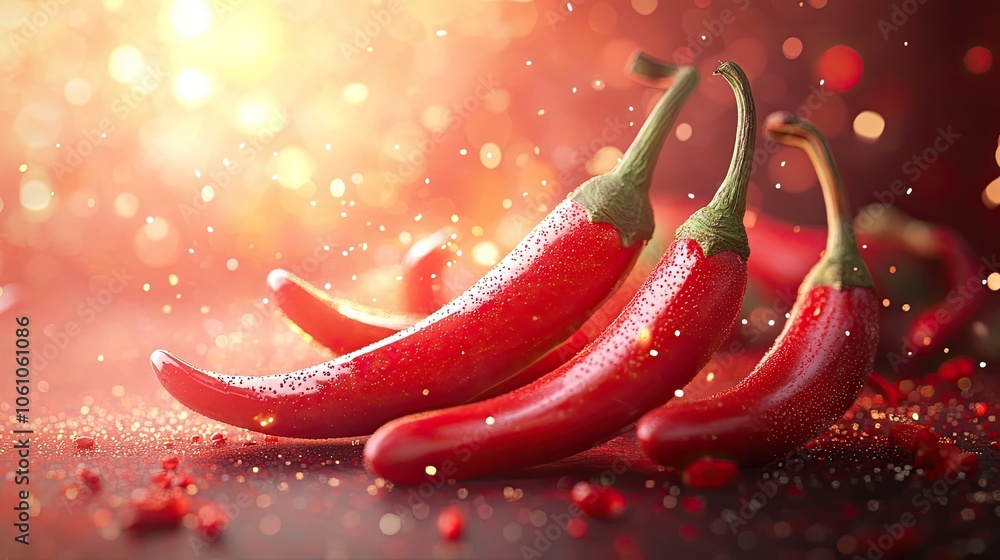 Close-up of red chili peppers with water droplets, a vibrant and spicy display. Close-up of red chili peppers with water droplets, a vibrant and spicy display.