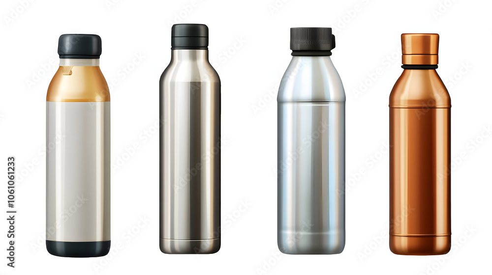 Set of various modern vacuum insulated thermos water bottles isolated on transparent background. Generative AI Set of various modern vacuum insulated thermos water bottles isolated on transparent background. Generative AI