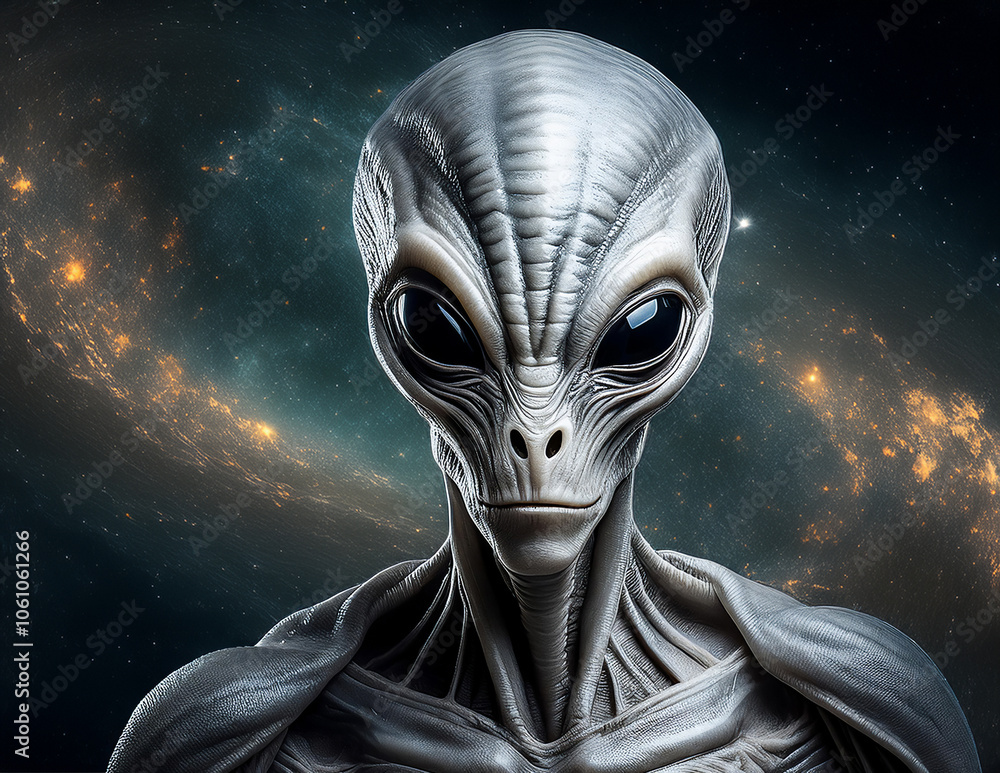 Portrait eines Aliens vor dem Universum