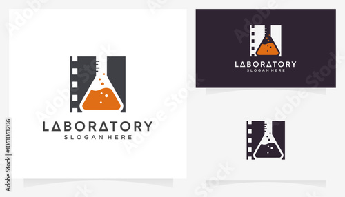 Combined vector of film strip with lab glass icons symbols. Abstract shape ideas science and cinema film production logo design graphic.