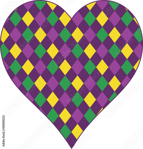 colorful Mardi Gras HEART illustration vector, vintage  Diamond shaped pattern heart