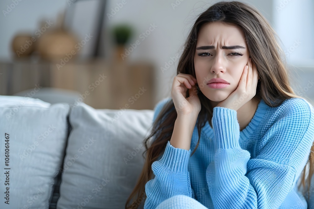 Young woman suffering from toothache, holding her cheek in pain, emphasizing dental discomfort and need for healthcare. Young woman suffering from toothache, holding her cheek in pain, emphasizing dental discomfort and need for healthcare.